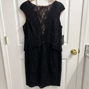 Lauren Ralph Lauren Lace Cocktail Dress Size 16 Illusion Scalloped Trim Overlay